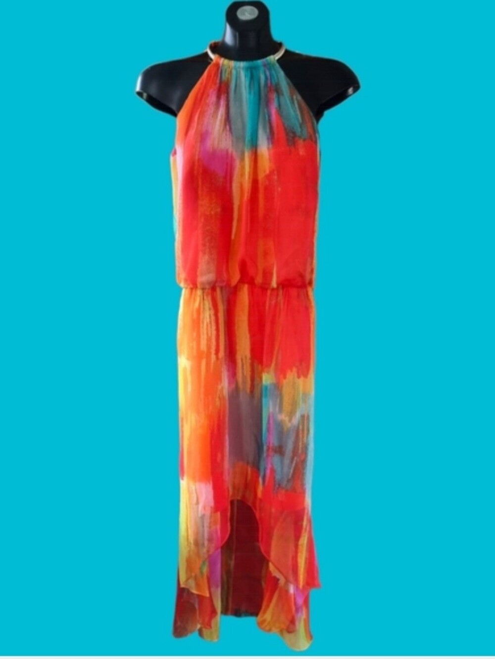 Laundry by Shelli Segal Colourful Metal Ring Necklace Chiffon Halter Dress